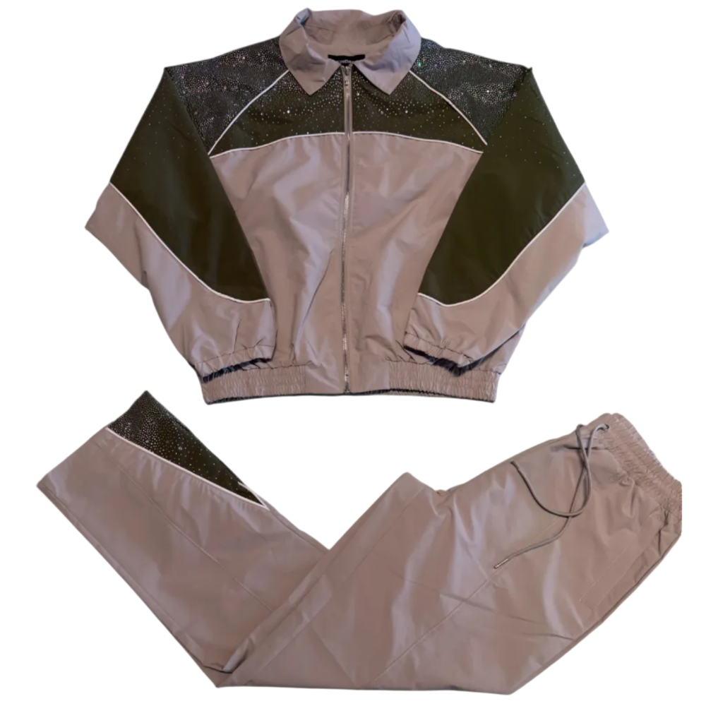 Kindred Track Suit Rhinestone Nylon Zip Up Khaki/Green KD2236T