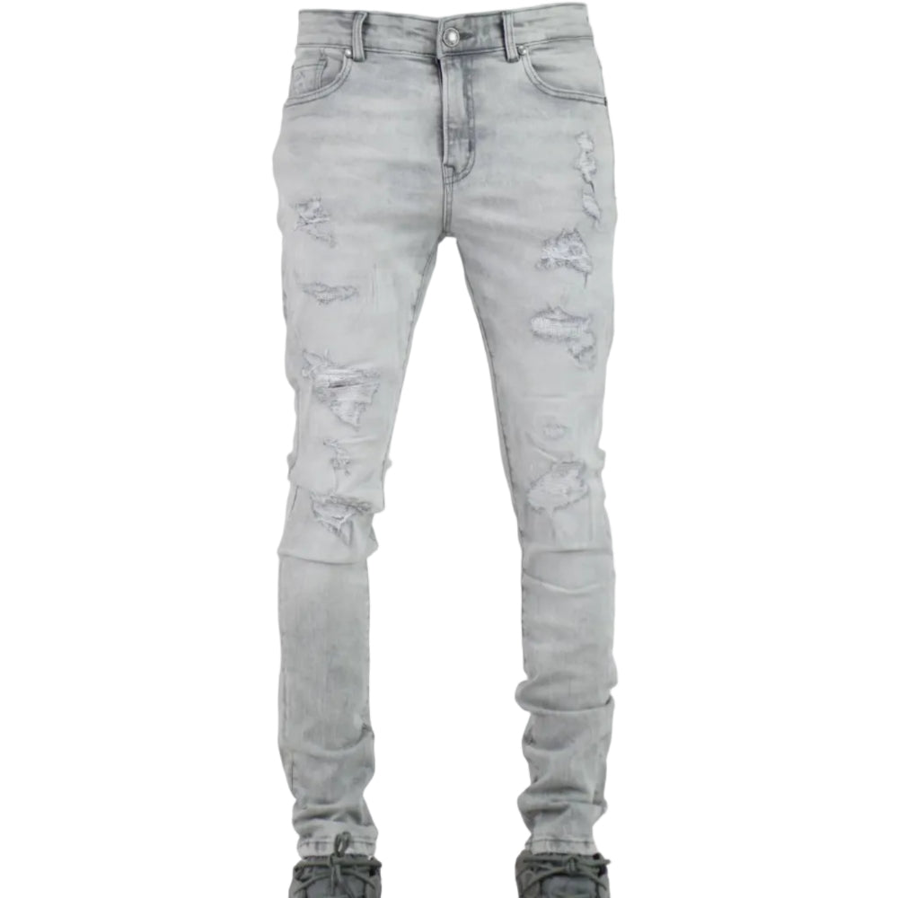 Light gray distressed jeans on a white background