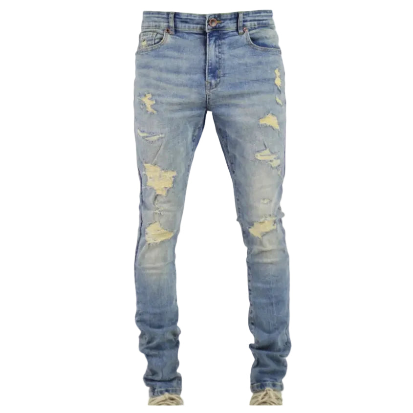 Vintage-style distressed blue jeans on a white background