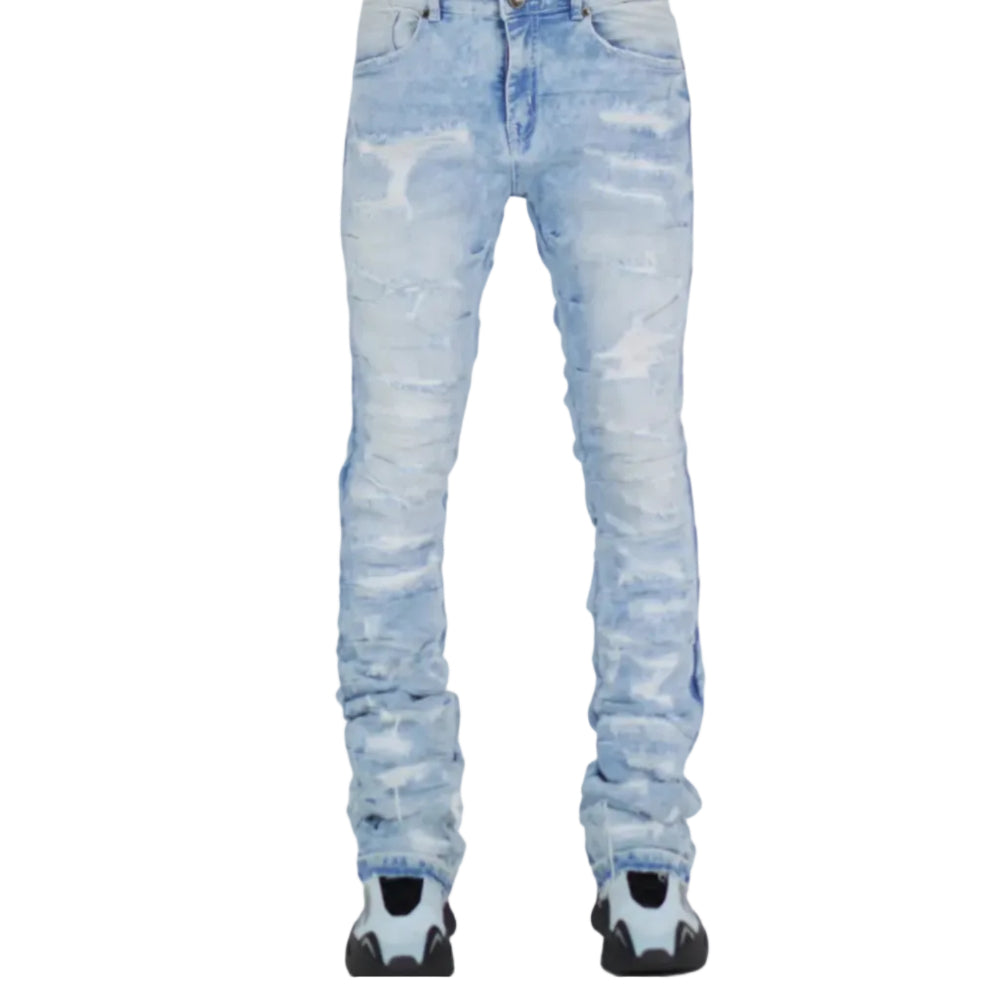 Ice blue distressed jeans on a white background