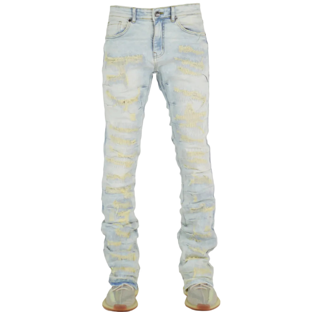 Light blue distressed jeans on a white background
