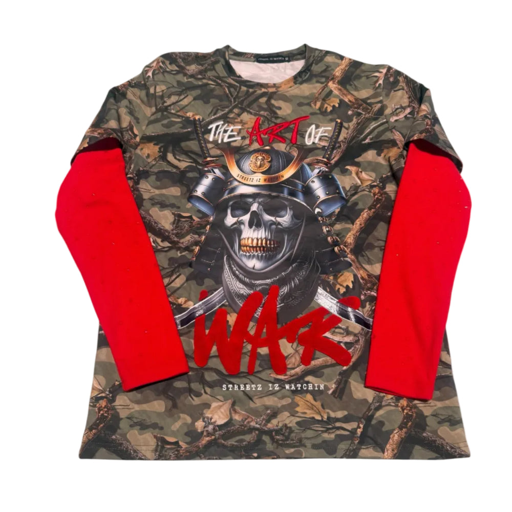 Streetz Iz Watchin The Art Of War Rhinestone 2fer Long Sleeve T-shirt Camo Red Style SW2F5229