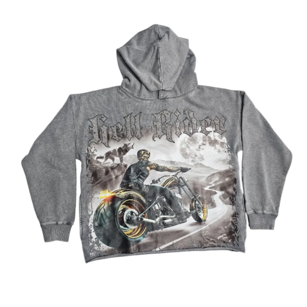 Focus Hell Rider Rhinestones Cropped Hoodie Grey 80769